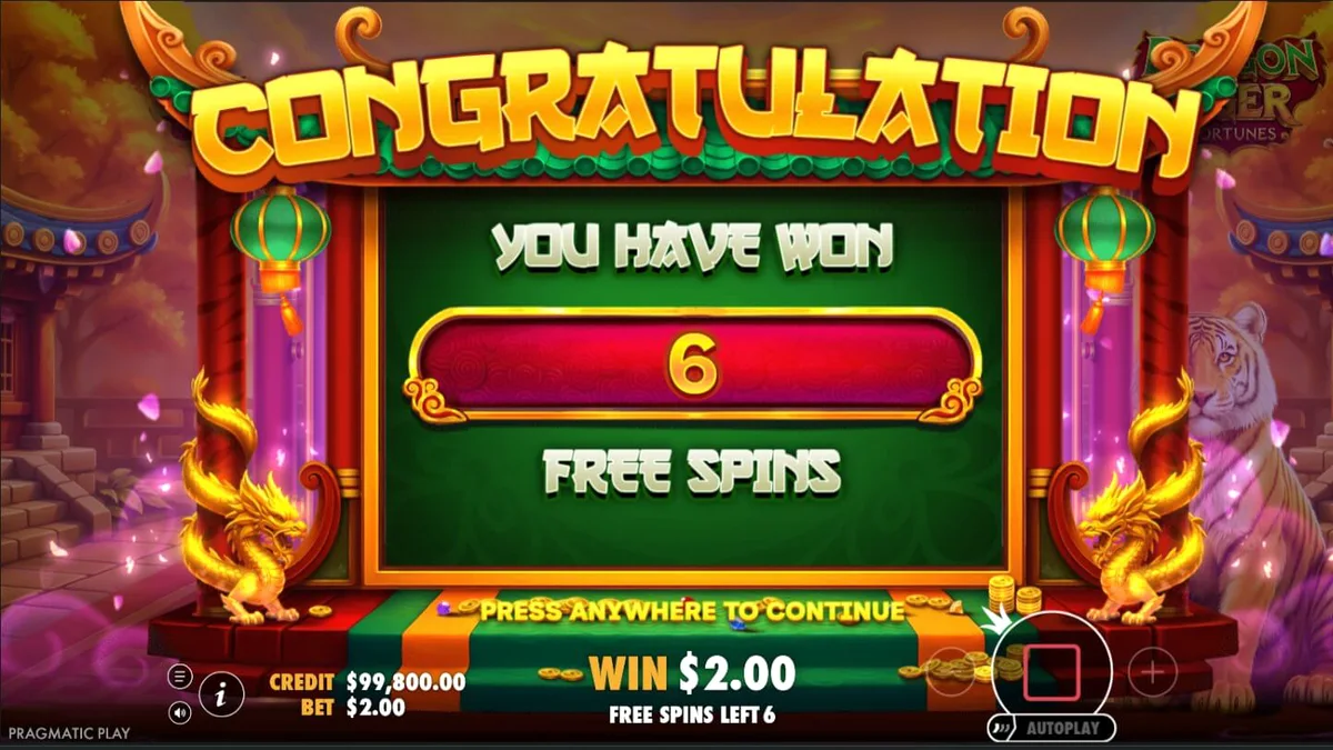 Tampilan layar permainan slot Dragon Tiger Fortunes pada perangkat mobile